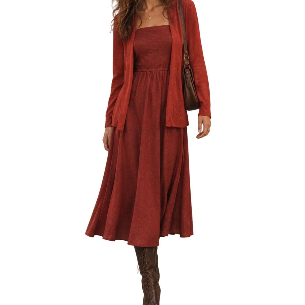 Vintage 70s Rust Orange Red Square Neck Midi Dress & Cardigan Set Boho